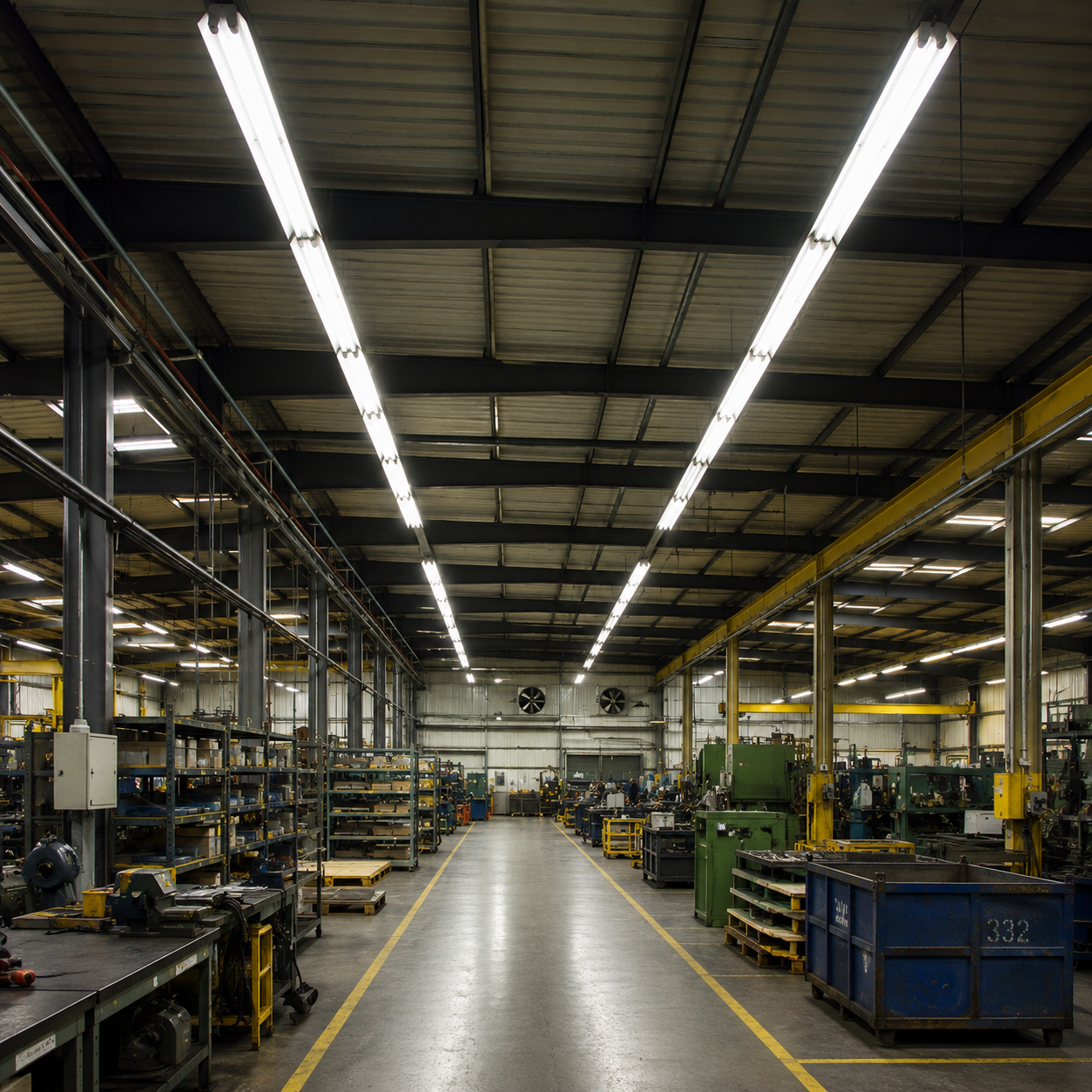 Industrial strip lighting with fluorescent tube fixtures installed in a warehouse and manufacturing environment, delivering continuous linear illumination for commercial and industrial operations.