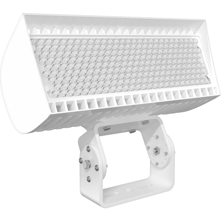 RAB FXLEDMB33TW/480/7PR FXLED Field-Adjustable Medium LED Flood Light – 213W/346W Selectable – 4000K/5000K Selectable – 30483-46300 Lumens – 480V – 3H x 3V Distribution – NEMA 7-Pin Receptacle – Trunnion Mount – White Finish
