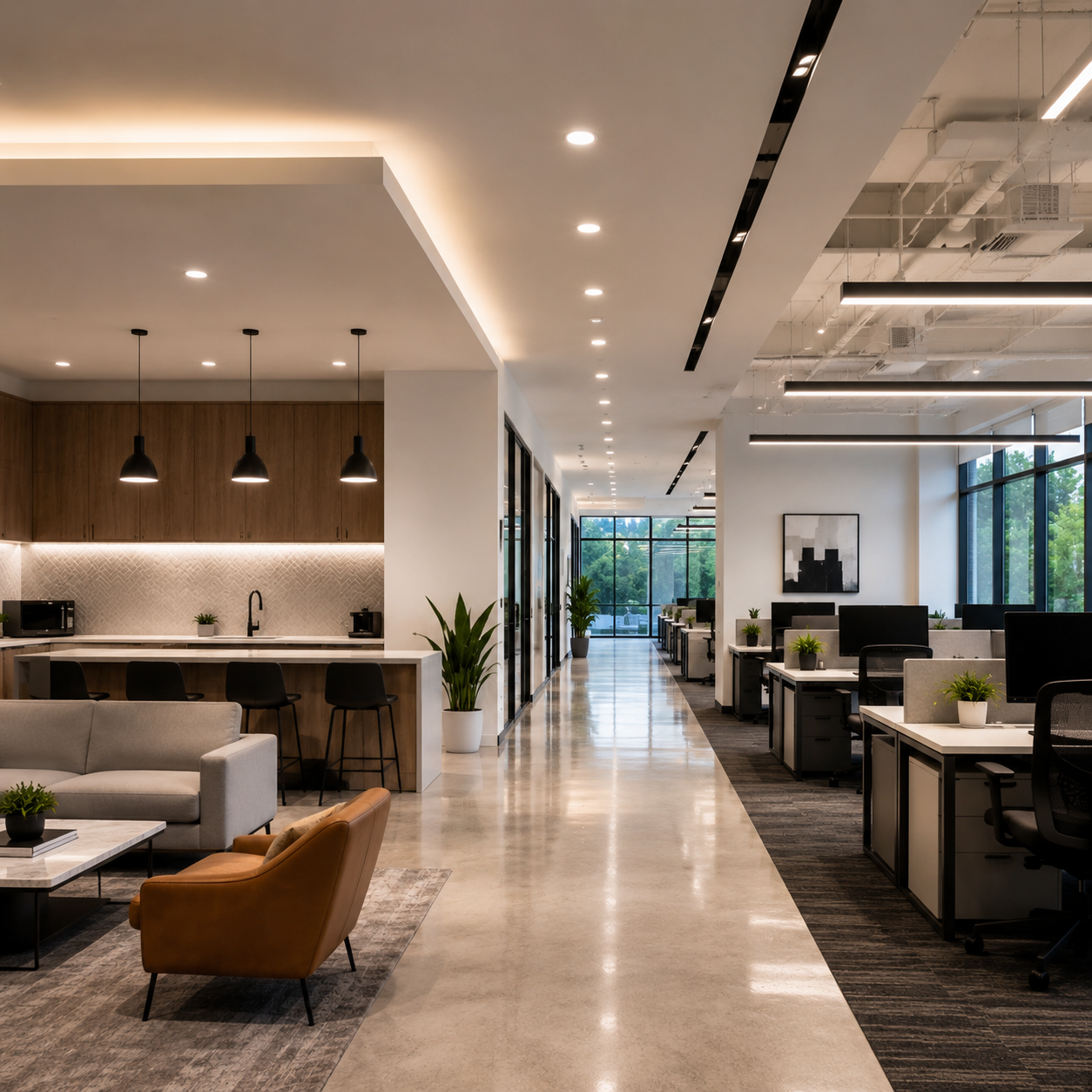Modern commercial indoor lighting installation featuring recessed lighting, linear suspended fixtures, architectural pendant lights, and illuminated office workspaces in a contemporary commercial interior.