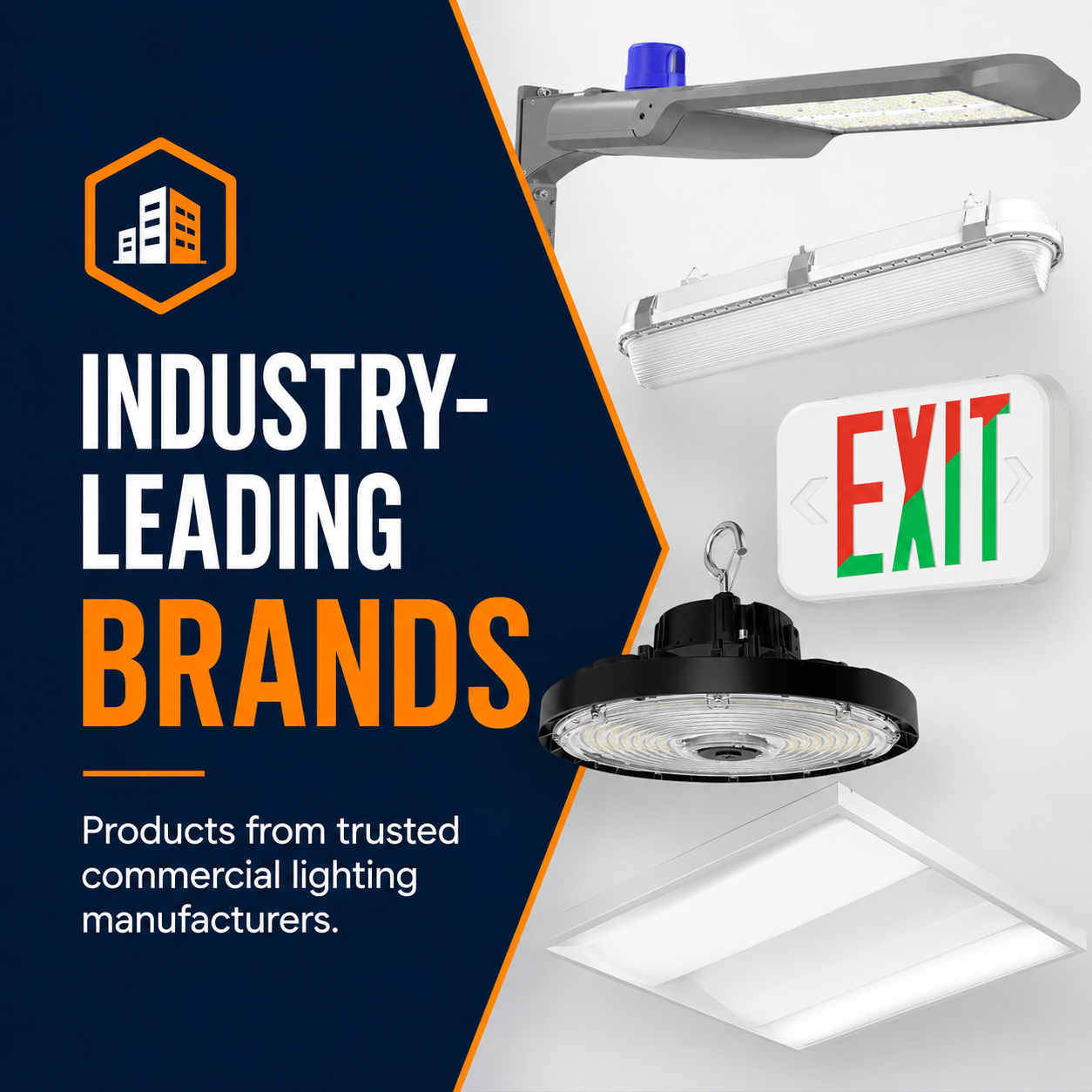 Commercial lighting products from trusted manufacturers including area lights, high bays, exit signs, and LED panels.