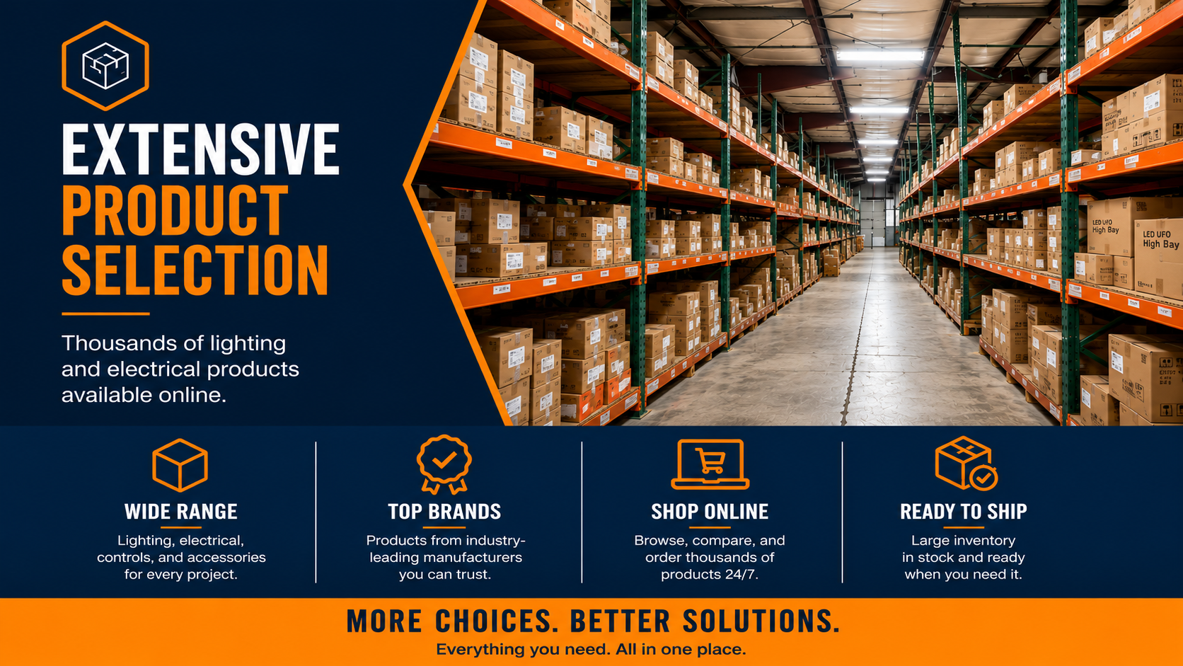 Warehouse stocked with thousands of commercial lighting fixtures, LED lamps, electrical products, and lighting controls ready to ship.