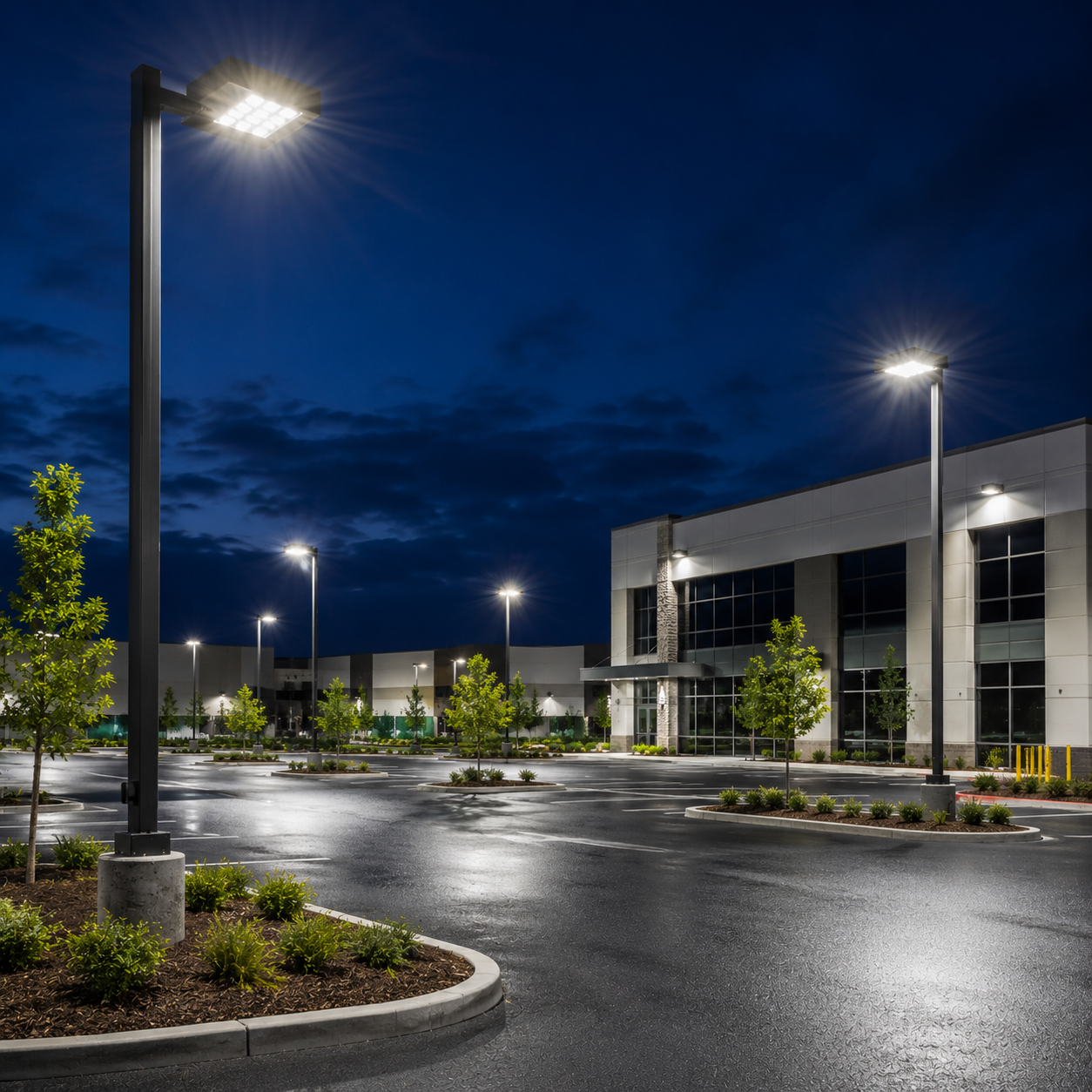 LED area lights illuminating a commercial parking lot and business complex with pole-mounted fixtures, uniform light distribution, landscaped islands, and energy-efficient outdoor lighting.