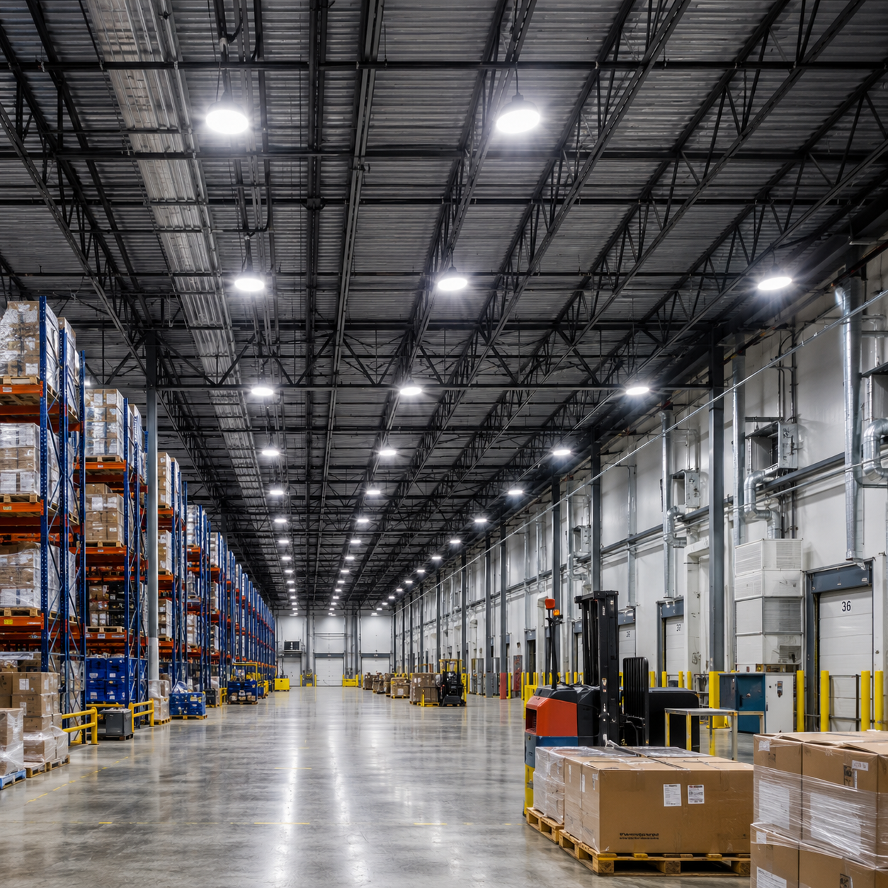 LED high bay lighting installed in a commercial warehouse featuring high ceilings, industrial storage racks, forklift aisles, and energy-efficient overhead illumination for large indoor spaces.