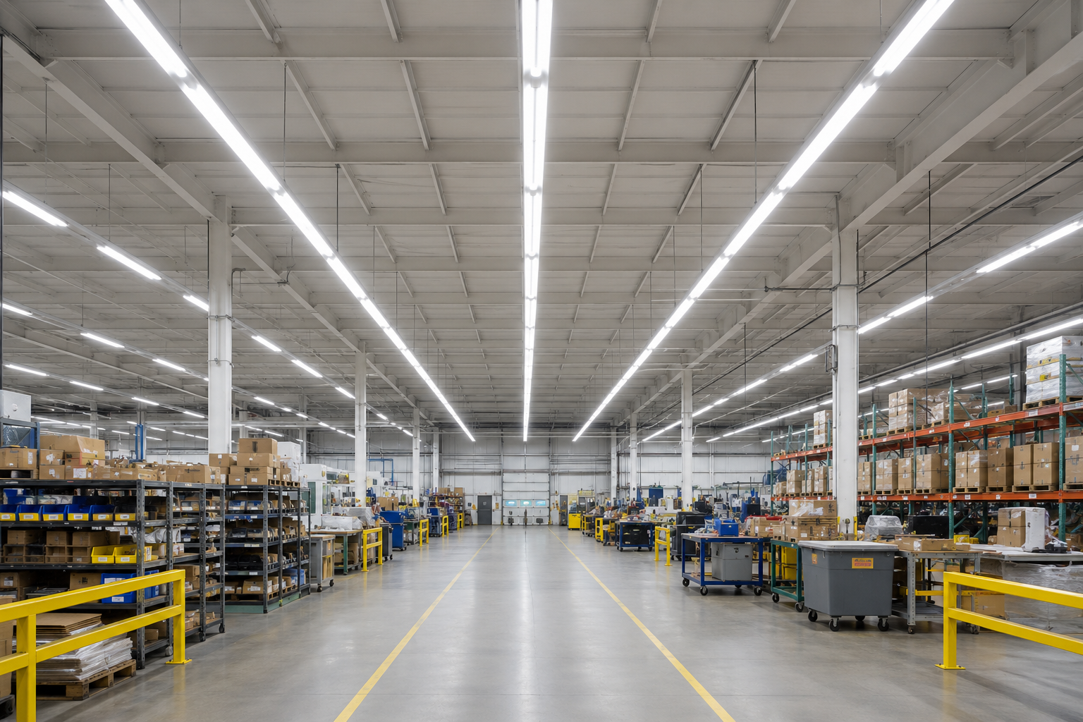 Commercial warehouse illuminated with LED linear tube lighting for energy-efficient retrofit and replacement lamp applications.
