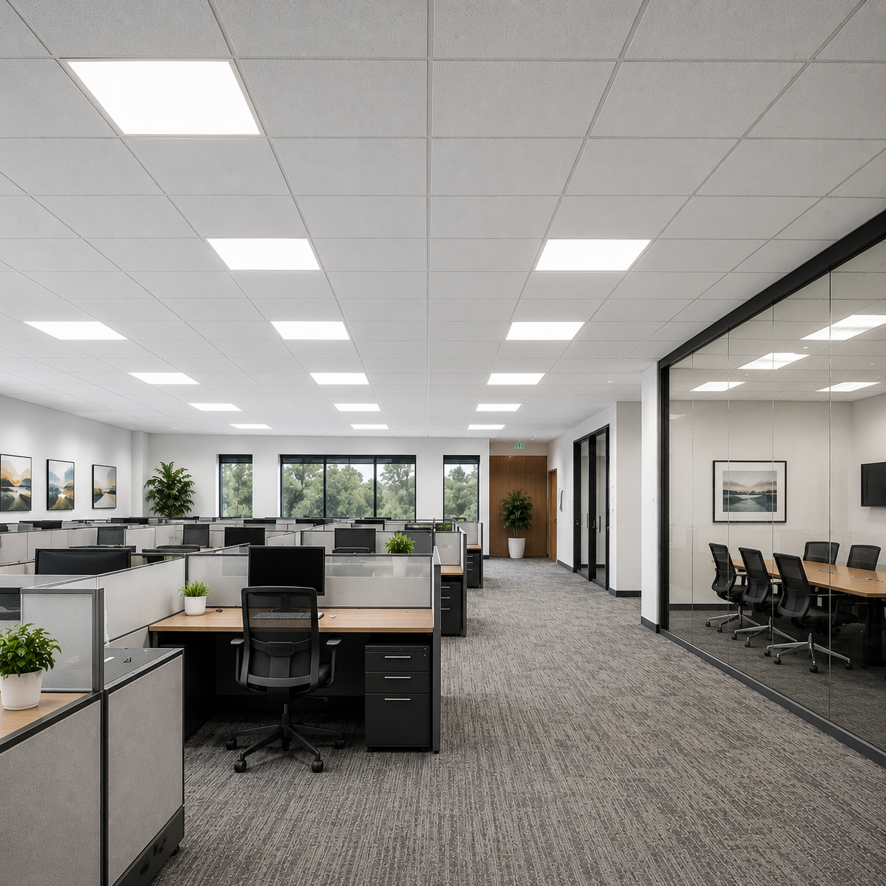 Modern office lighting installation featuring LED panel lights above open workstations and LED troffer lights in a conference room, providing uniform illumination for commercial office environments.