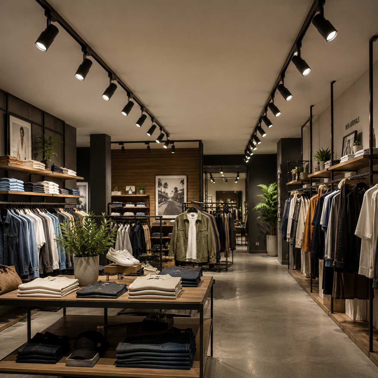 Commercial track lighting with LED PAR lamps providing directional accent lighting for retail displays, merchandise highlighting, and showroom applications.