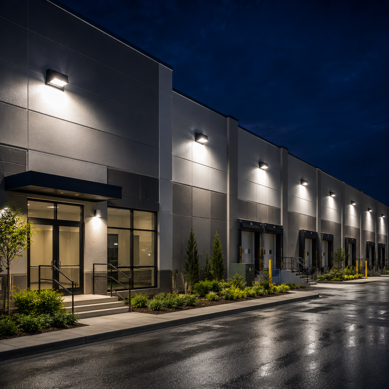 LED wall pack lights installed on a commercial warehouse exterior providing building perimeter illumination, loading dock lighting, walkway visibility, and energy-efficient security lighting.