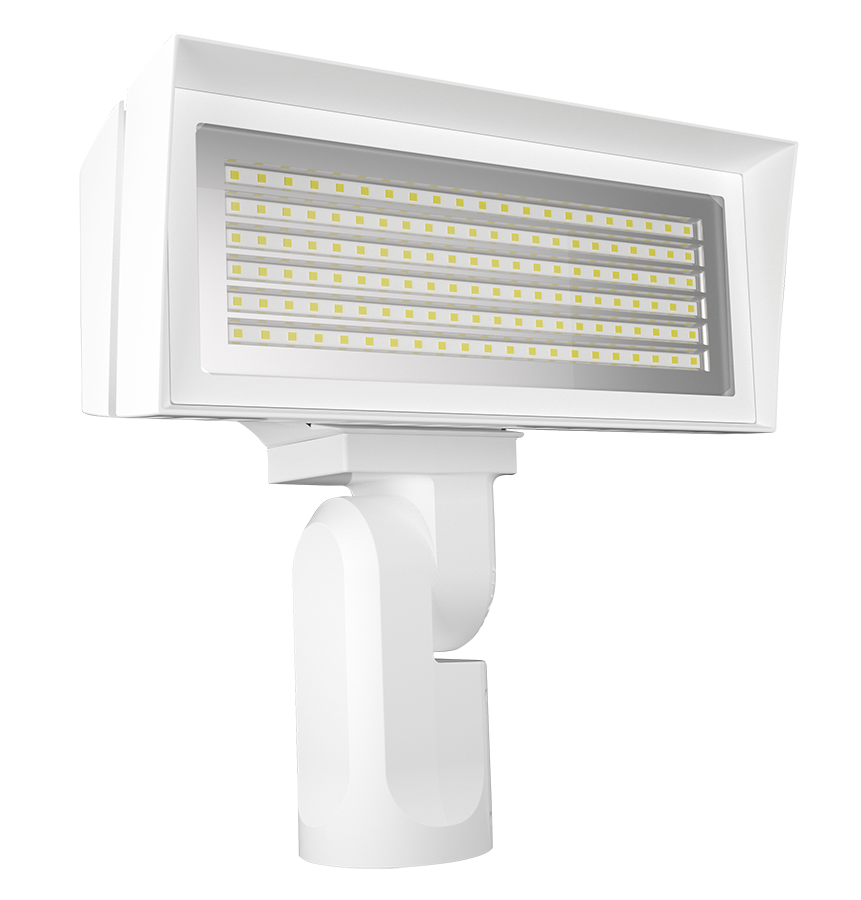 RAB FFLEDMSFW/7PR FFLED Field-Adjustable Medium LED Flood Light – 52W/80W Selectable – 4000K/5000K Selectable – 8138-10813 Lumens – 120-277V – NEMA 7-Pin Receptacle – Slipfitter Mount – White Finish