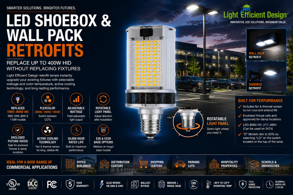 Light Efficient Design LED shoebox and wall pack retrofit lamp for commercial parking lot lighting, office buildings, shopping centers, distribution facilities, schools, and municipal properties replacing up to 400W HID fixtures with selectable wattage and FlexColor technology.