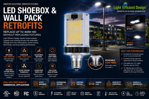 Light Efficient Design LED shoebox and wall pack retrofit lamp for commercial parking lot lighting, office buildings, shopping centers, distribution facilities, schools, and municipal properties replacing up to 400W HID fixtures with selectable wattage and FlexColor technology.