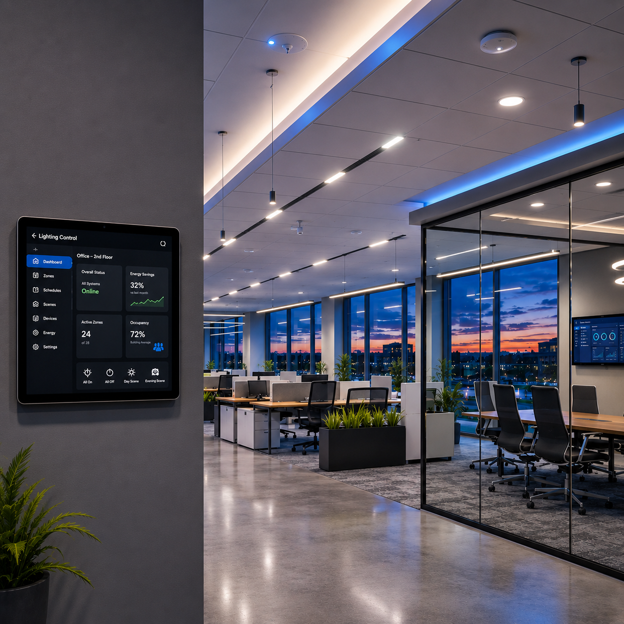 Network lighting control system managing LED lighting throughout a modern commercial office building using centralized control, scheduling, monitoring, and energy management.