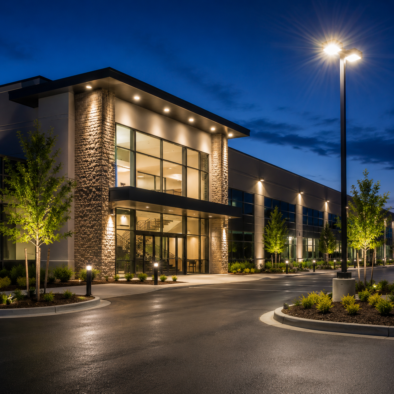 Modern commercial outdoor lighting installation featuring LED area lights, wall pack lights, landscape lighting, and building perimeter illumination at a commercial office and parking lot.