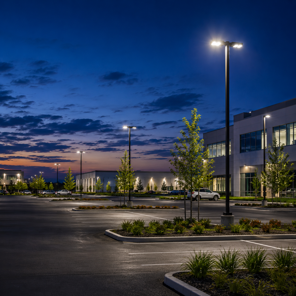 Commercial parking lot illuminated by LED area lights with photocell-controlled dusk-to-dawn operation, providing automatic outdoor lighting for office and commercial properties.