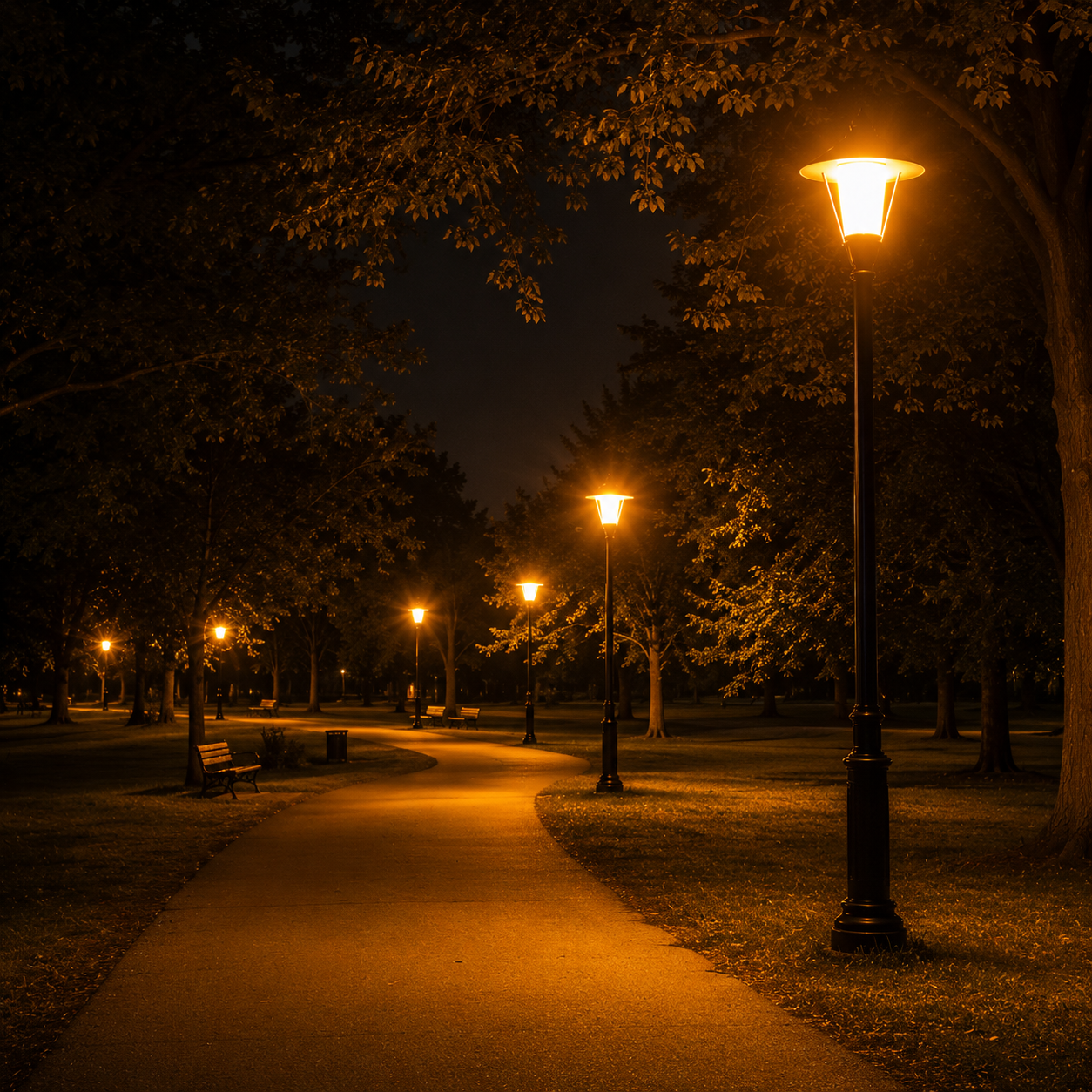 Decorative post top lighting illuminating a park pathway with warm amber light, commonly used for municipal lighting, pedestrian walkways, parks, campuses, and public outdoor spaces.