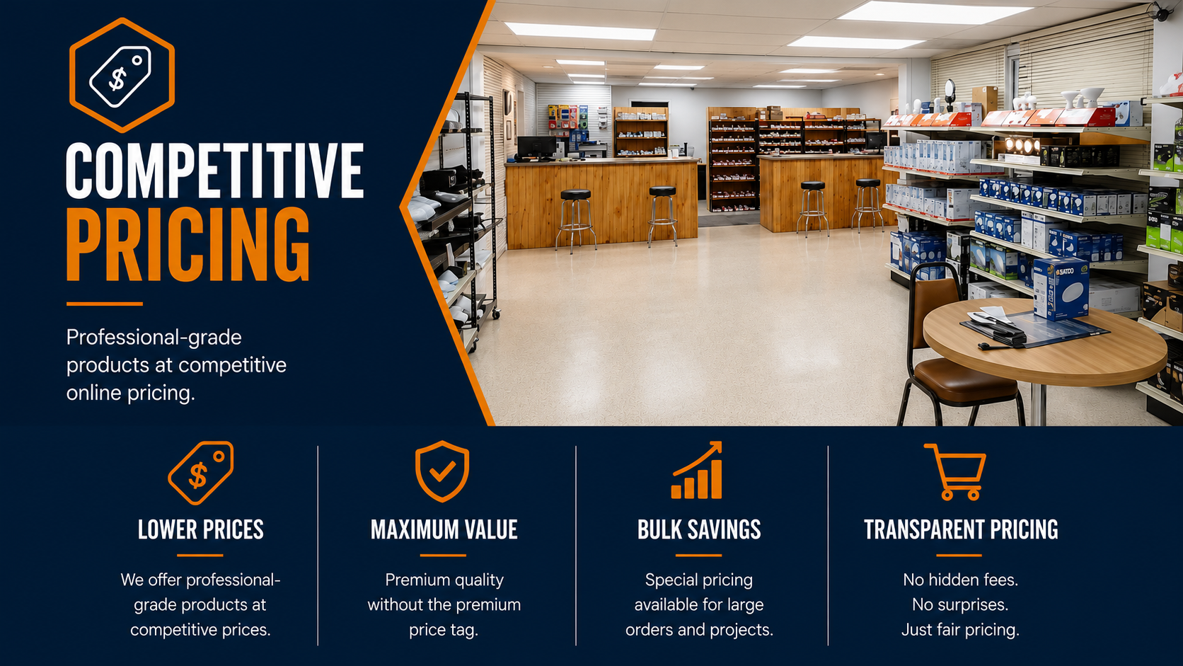 Commercial Lighting Supply showroom featuring professional commercial lighting products at competitive online pricing.