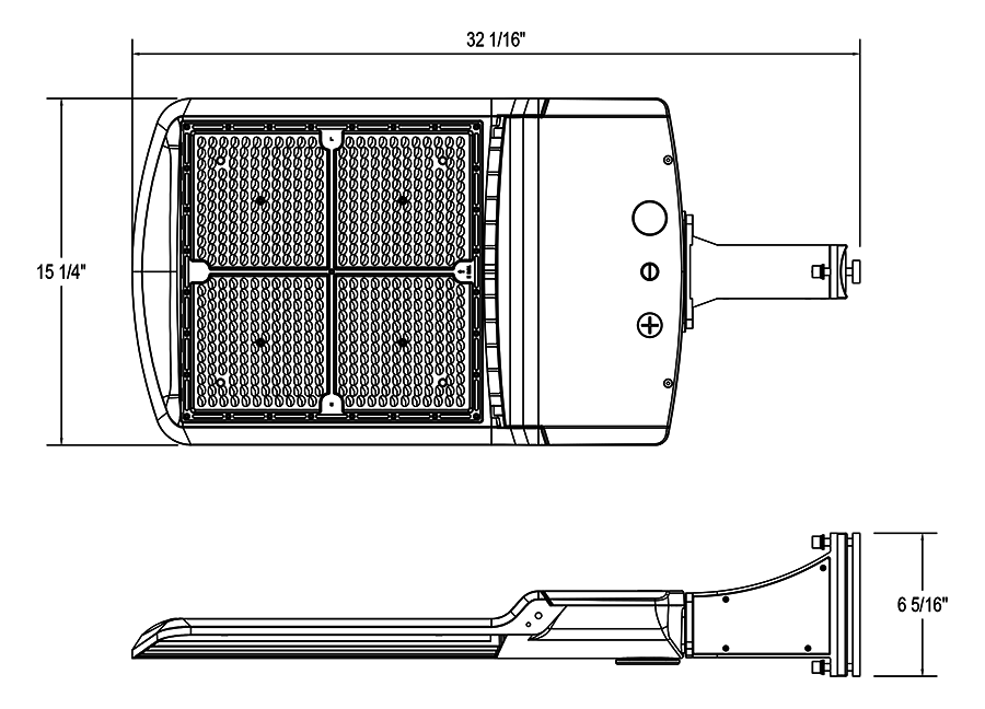 Dimension drawing of the RAB A17-4T375/3PRS A17 IV LED Area Light with 3-Pin Receptacle - 37312-59359 Lumens - 240W-375W Selectable Wattage - 120-277V - Pole Mount - Bronzeshowing fixture dimensions and mounting measurements.