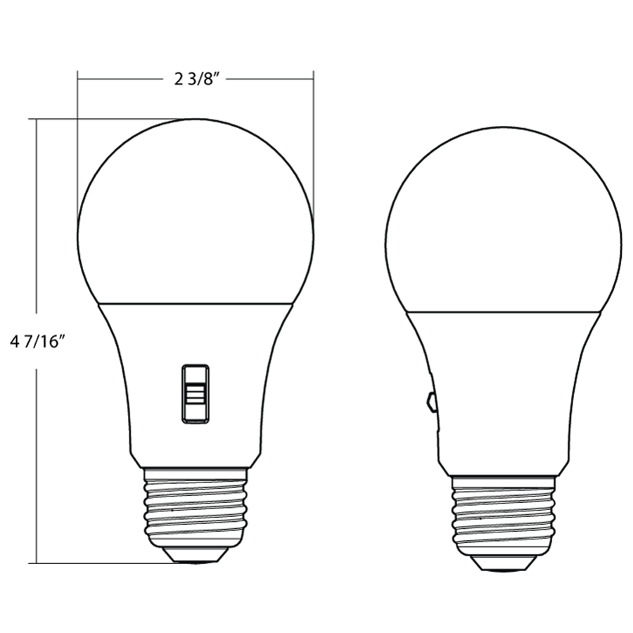 Dimension drawing of the RAB A19-8-9CCT-DIM A19 LED Light Bulb – 8W (60W Equivalent) – 5-CCT Selectable 2700K/3000K/3500K/4000K/5000K – 800 Lumens – 120V – CRI 90 – Dimmable – Medium E26 Base – Frosted Finishshowing fixture dimensions and mounting measurements.