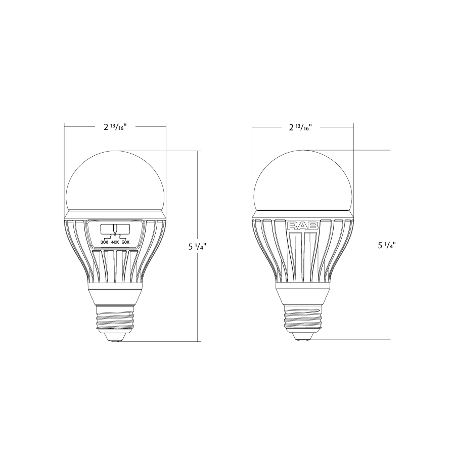 Dimension drawing of the RAB A21-17-E26-9CCT-DIM-UNV A21 LED Light Bulb – 17W – 125W Equivalent – Selectable 3000K/4000K/5000K – 2026-2173 Lumens – 120-277V – CRI 90 – Dimmable – Medium E26 Baseshowing fixture dimensions and mounting measurements.