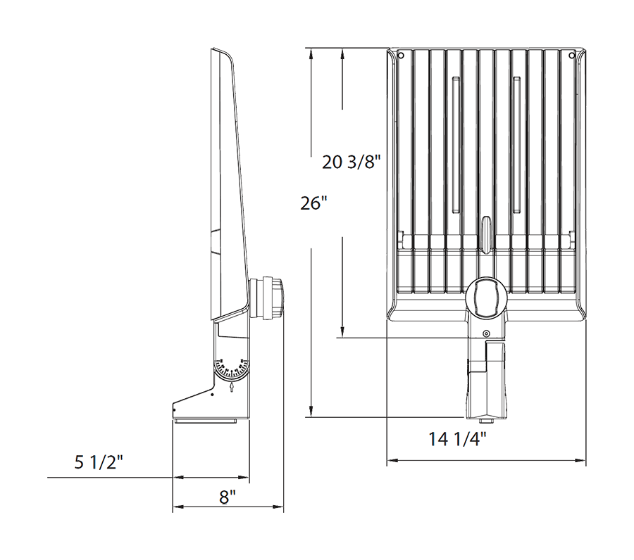 Dimension drawing of the RAB A22-320 A22 III LED Area Light - 35350-45974 Lumens - 250W–320W Selectable Wattage - 120-277V - Pole Mount - 7-Pin Receptacle - Bronzeshowing fixture dimensions and mounting measurements.