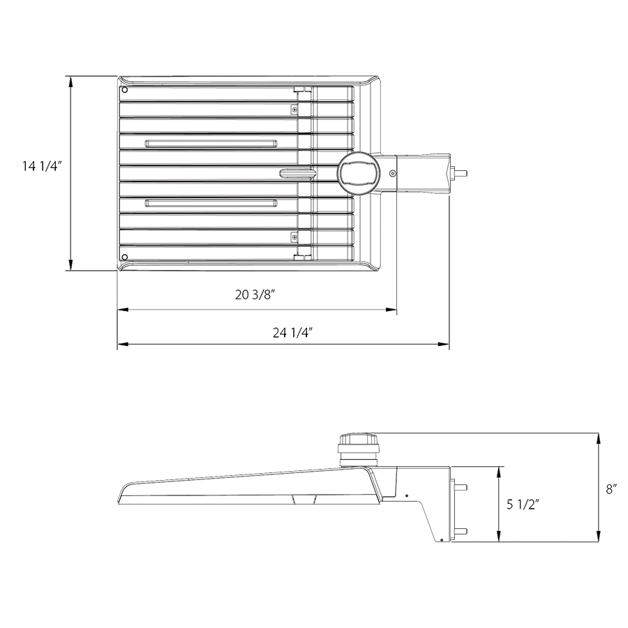 Dimension drawing of the RAB A22-320BY A22 III LED Area Light - 35350-45974 Lumens - 250W–320W Selectable Wattage - 120-277V - Pole Mount - Blackshowing fixture dimensions and mounting measurements.