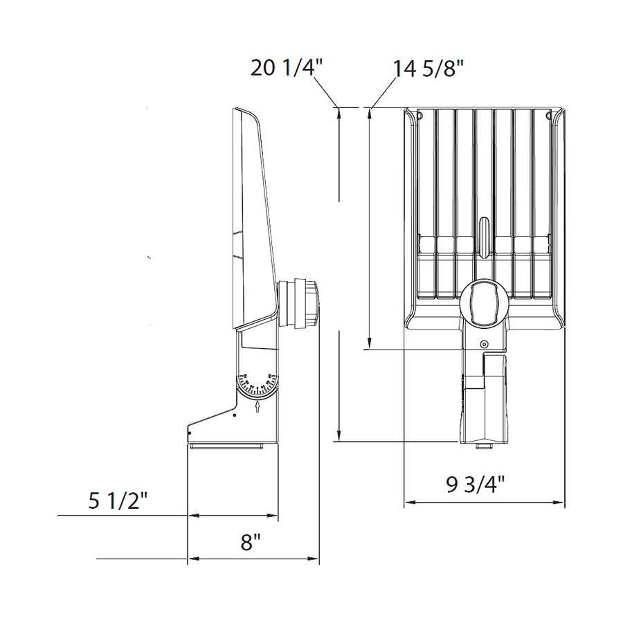 Dimension drawing of the RAB A22-4T100B/MVS A22 IV LED Area Light with Microwave Motion Sensor - 9204-14815 Lumens - 60W–100W Selectable Wattage - 120-277V - Pole Mount - Blackshowing fixture dimensions and mounting measurements.