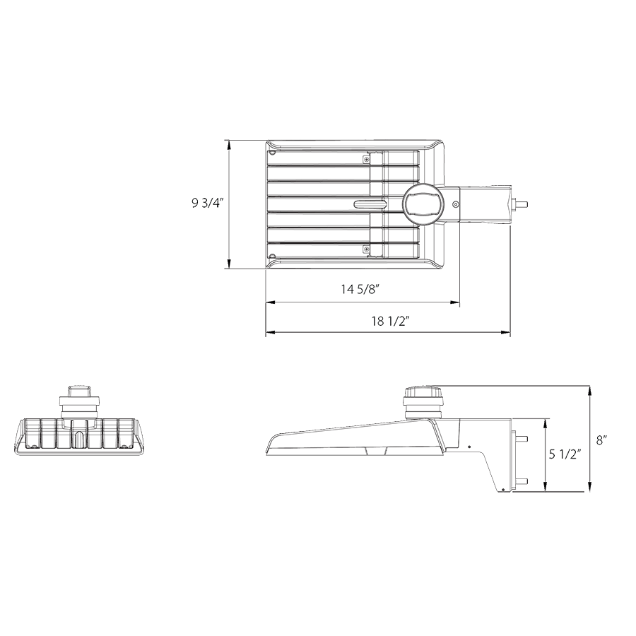 Dimension drawing of the RAB A22-4T70YB/480 A22 IV LED Area Light - 8424-11236 Lumens - 50W–70W Selectable Wattage - 480V - Pole Mount - Blackshowing fixture dimensions and mounting measurements.
