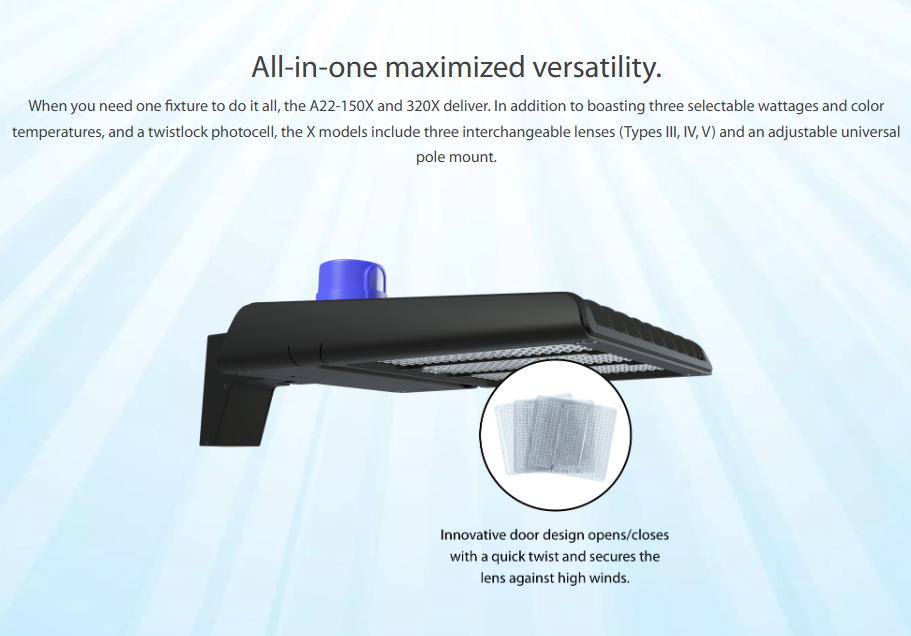 RAB A22-100B/MVS A22 III LED Area Light with Microwave Motion Sensor - 9204-14815 Lumens - 60W–100W Selectable Wattage - 120-277V - Pole Mount - Black