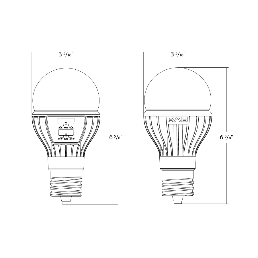 Dimension drawing of the RAB A23-24S-EX39-8CCT-DIM-UNV A23 LED HID Replacement Lamp – Selectable 16W/21W/24W – 200W HID Equivalent – Selectable 3000K/4000K/5000K – 1941-3423 Lumens – 120-277V – CRI 80 – Dimmable – EX39 Mogul Base – Frosted Finishshowing fixture dimensions and mounting measurements.
