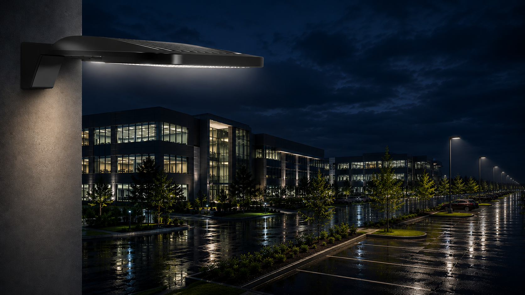 RAB A34 LED area light illuminating a modern corporate campus parking lot at night with wet pavement reflections and commercial office buildings.