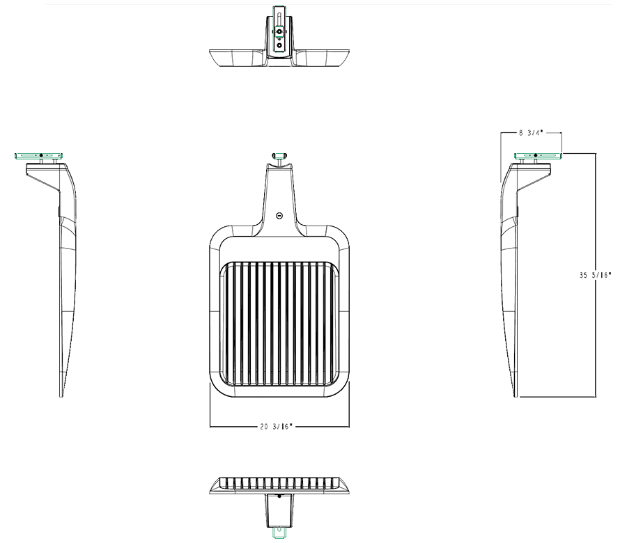 Dimension drawing of the RAB A34T3LW/MVS A34-L Type III LED Area Light – Selectable 150W/200W/250W – Selectable 3000K/4000K/5000K – 23969-39793 Lumens – 120-277V – Pole Mount – Microwave Motion Sensor – White Finishshowing fixture dimensions and mounting measurements.