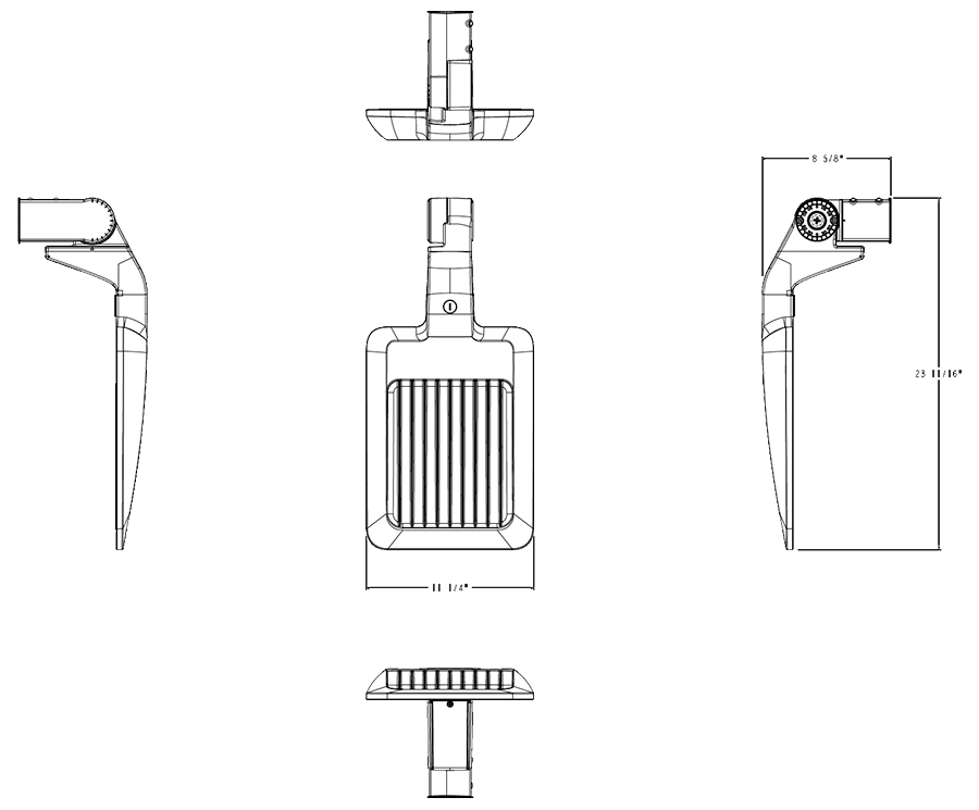 Dimension drawing of the RAB A34T3SSF/PIR A34-S Type III LED Area Light – Selectable 50W/80W/100W – Selectable 3000K/4000K/5000K – 7357-15508 Lumens – 120-277V – Slipfitter Mount – PIR Occupancy Sensor – Bronze Finishshowing fixture dimensions and mounting measurements.