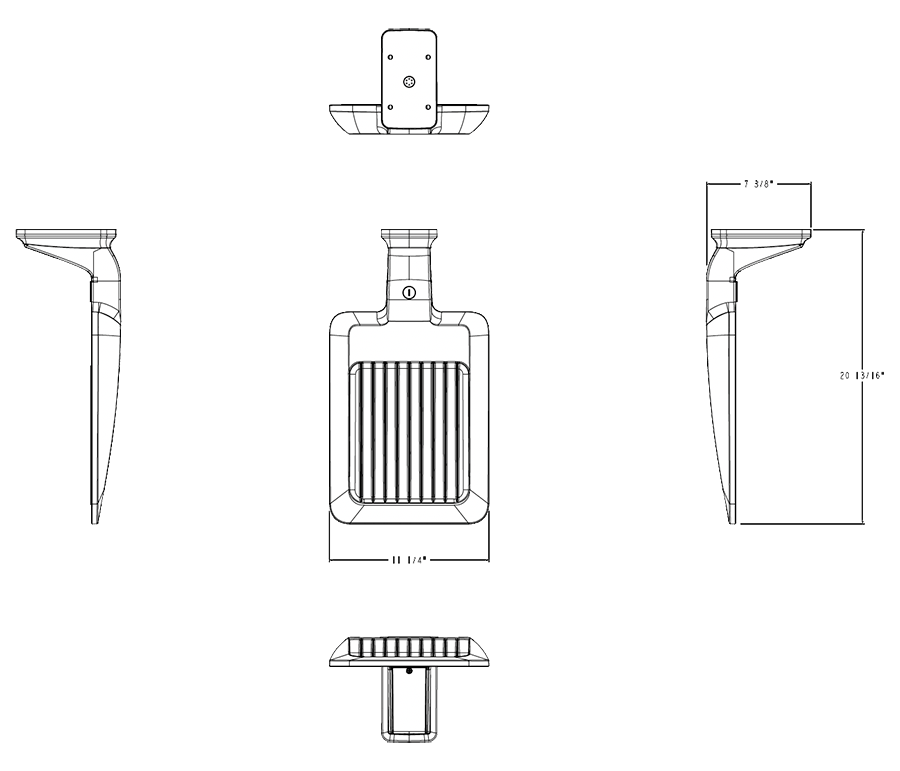 Dimension drawing of the RAB A34T3SWMW A34-S Type III LED Area Light – Selectable 50W/80W/100W – Selectable 3000K/4000K/5000K – 7357-15508 Lumens – 120-277V – Wall Mount – White Finishshowing fixture dimensions and mounting measurements.