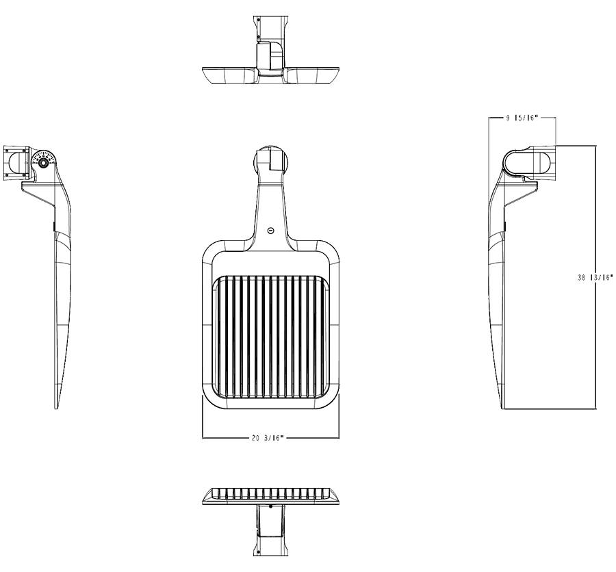 Dimension drawing of the RAB A34T3XLSF A34-XL Type III LED Area Light – Selectable 220W/270W/340W – Selectable 3000K/4000K/5000K – 34476-51563 Lumens – 120-277V – Slipfitter Mount – Bronze Finishshowing fixture dimensions and mounting measurements.
