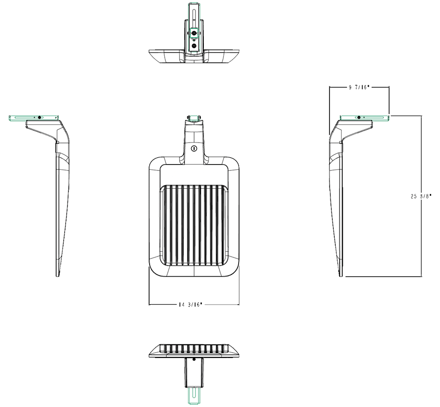 Dimension drawing of the RAB A34T5MW A34-M Type V LED Area Light – Selectable 100W/125W/150W – Selectable 3000K/4000K/5000K – 15856-24510 Lumens – 120-277V – Pole Mount – White Finishshowing fixture dimensions and mounting measurements.