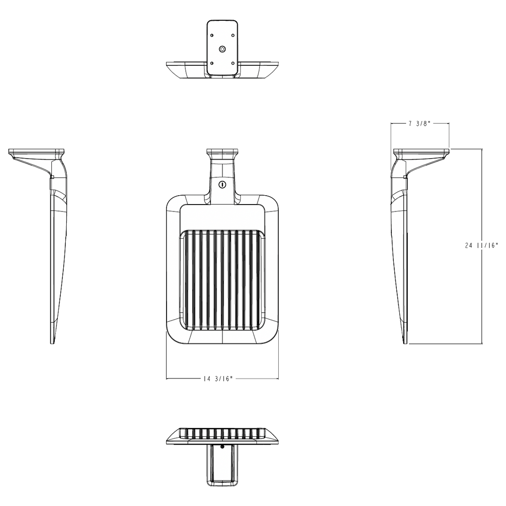 Dimension drawing of the RAB A34T5MWMW/480 A34-M Type V LED Area Light – Selectable 100W/125W/150W – Selectable 3000K/4000K/5000K – 480V – 15856-24510 Lumens – Wall Mount – White Finishshowing fixture dimensions and mounting measurements.