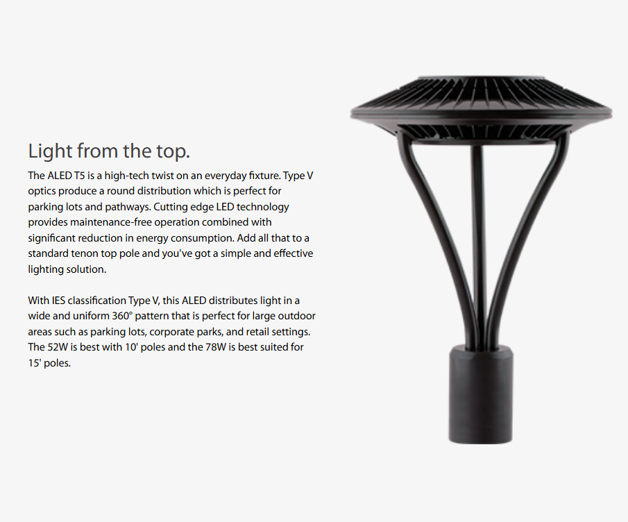RAB ALED5T26K ALED LED Post Top Area Light – 26W – 5000K – Type V Distribution – 3431 Lumens – 120-277V – Clear Lens – Black Finish