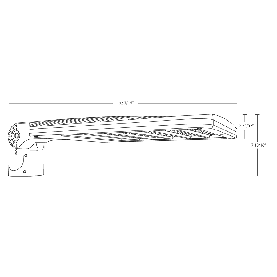 Dimension drawing of the RAB ALEDL2TSF/480/WS4 ALEDL Type II LED Area Light – 170W-260W Selectable – 5000K – 24510-36458 Lumens – 480V – Slipfitter Mount – WattStopper Sensor with 20ft Lens – Bronze Finishshowing fixture dimensions and mounting measurements.