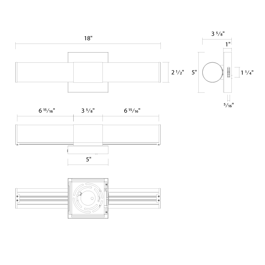 Dimension drawing of the RAB ALR-18RB ALLURE Round Vanity Light – 18" – Selectable 2700K/3000K/3500K/4000K/5000K – 1300 Lumens – 120V – Dimmable – Black Finishshowing fixture dimensions and mounting measurements.