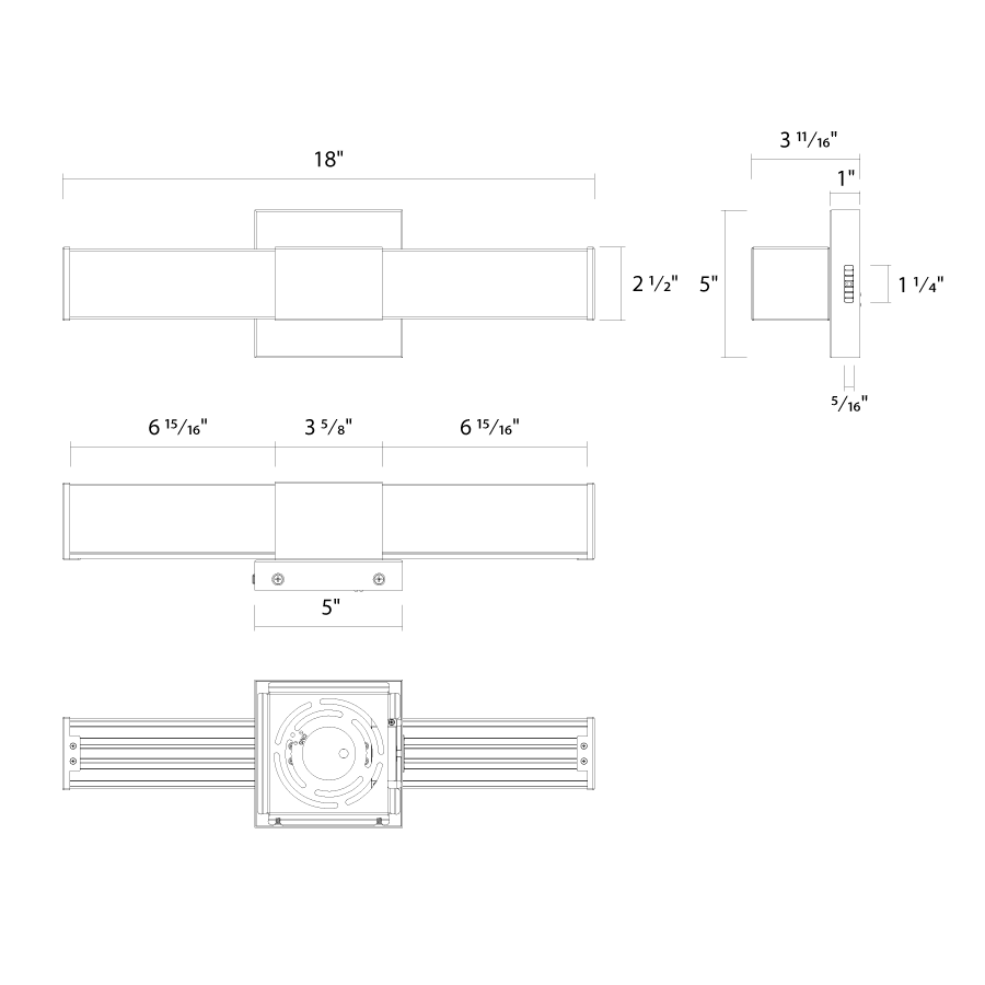 Dimension drawing of the RAB ALR-18SBN ALLURE Square Vanity Light – 18" – Selectable 2700K/3000K/3500K/4000K/5000K – 1300 Lumens – 120V – Dimmable – Brushed Nickel Finishshowing fixture dimensions and mounting measurements.