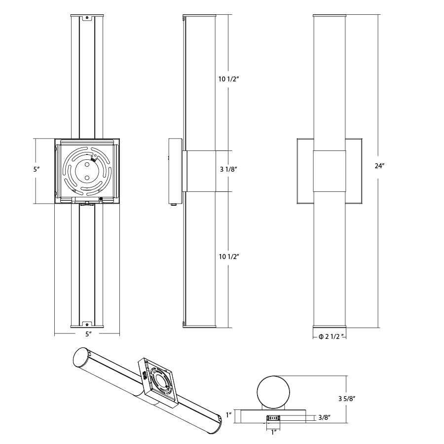 Dimension drawing of the RAB ALR-24RBN ALLURE Round Vanity Light – 24" – Selectable 2700K/3000K/3500K/4000K/5000K – 1700 Lumens – 120V – Dimmable – Brushed Nickel Finishshowing fixture dimensions and mounting measurements.
