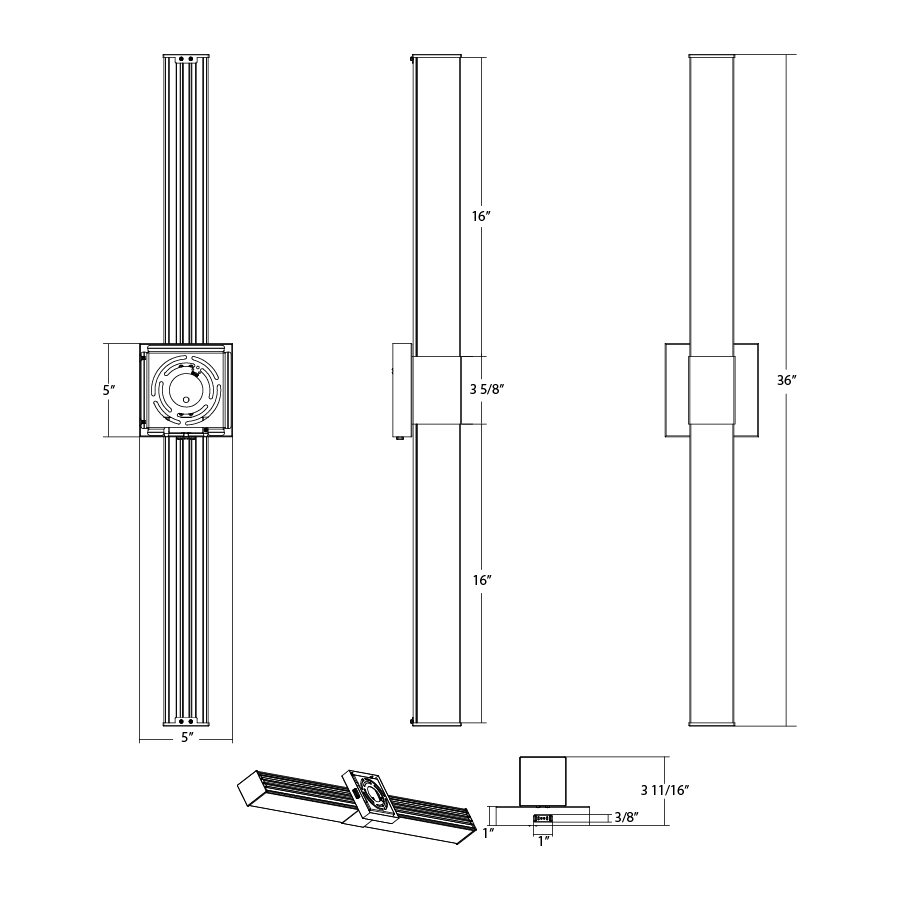 Dimension drawing of the RAB ALR-36SB ALLURE Square Vanity Light – 36" – Selectable 2700K/3000K/3500K/4000K/5000K – 1900 Lumens – 120V – Dimmable – Black Finishshowing fixture dimensions and mounting measurements.