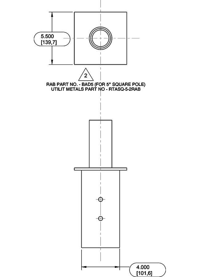 RAB BAD5 Pole Top Tenon Adapter – 2-3/8 In Tenon to 5 In Square Pole – Includes Hardware