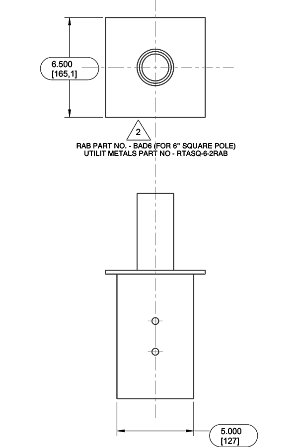 Dimension drawing of the RAB BAD6 Pole Top Tenon Adapter – 2-3/8 In Tenon to 6 In Square Pole – Includes Hardwareshowing fixture dimensions and mounting measurements.