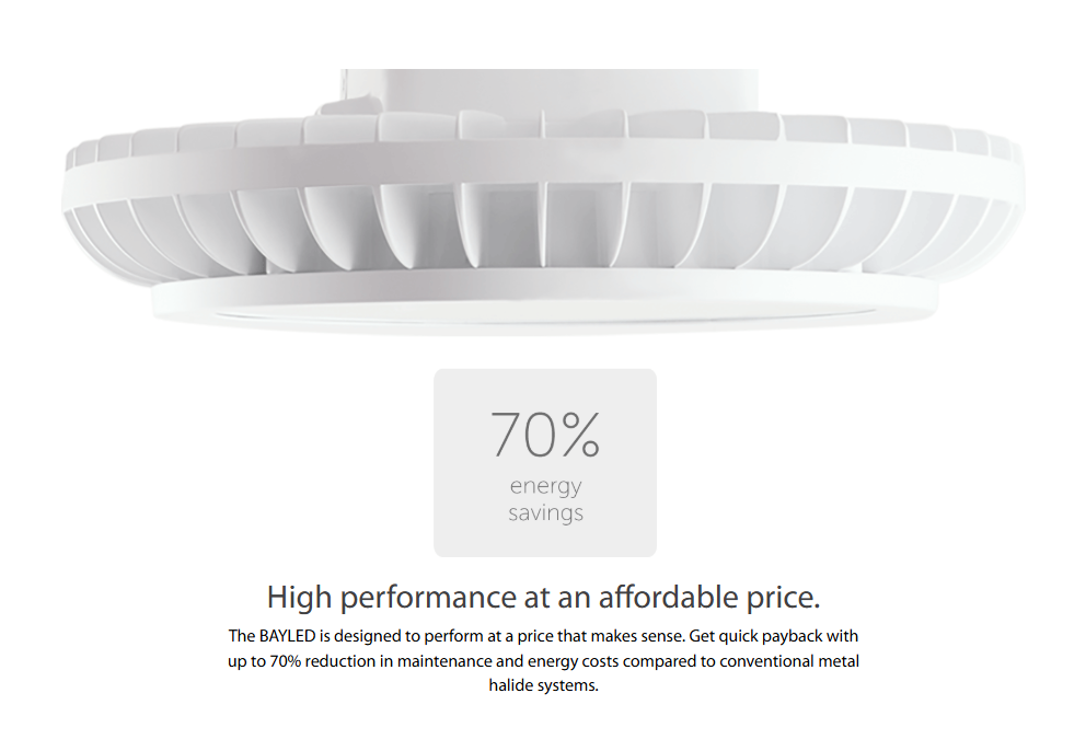 RAB BAYLED104W BAYLED LED Round High Bay – 104W – 5000K – 14942 Lumens – 120-277V – Hook & Cord Mount – White Finish