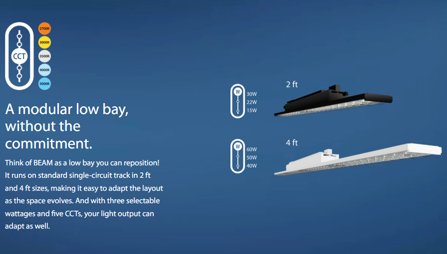 RAB TKBEAM2B BEAM Linear Track Light – 2ft – Selectable 15W/22W/30W – Selectable 2700K/3000K/3500K/4000K/5000K – 2339-4127 Lumens – 120V – Black Finish