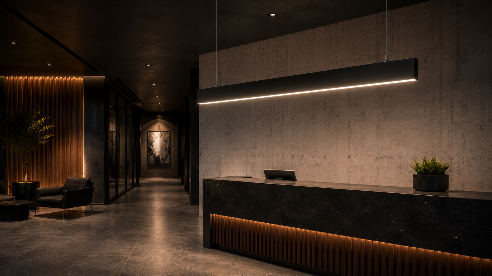 RAB BOA Edge architectural linear suspended LED light installed in a modern commercial lobby with concrete walls, wood accents, and contemporary interior design.