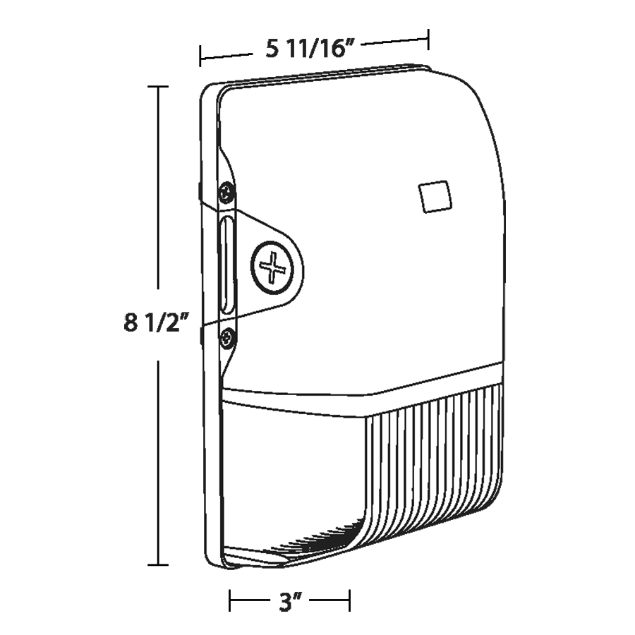 Dimension drawing of the RAB BRISK17FA20W BRISK17 Field-Adjustable Wall Pack – 20W – Selectable 3000K/4000K/5000K – 2600-2921 Lumens – 120-277V – Integrated Photocell – White Finishshowing fixture dimensions and mounting measurements.