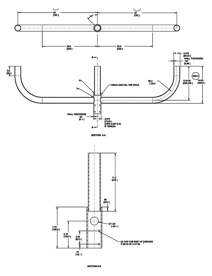 Dimension drawing of the RAB BULL3-120 3-Arm Bullhorn Tenon Adapter – 120 Degree Configuration – Fits 2-3/8 In Tenonshowing fixture dimensions and mounting measurements.