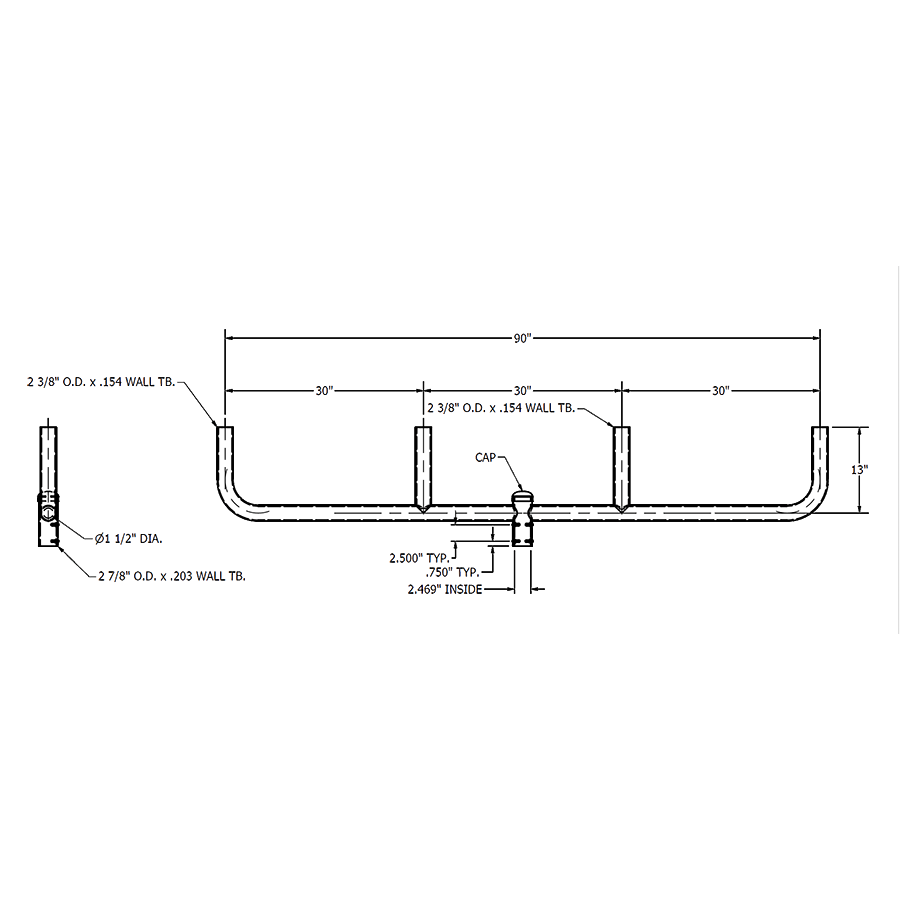 Dimension drawing of the RAB BULL4L 4-Light Inline Bullhorn Bracket – 30 In Spacing – Bronze Finishshowing fixture dimensions and mounting measurements.