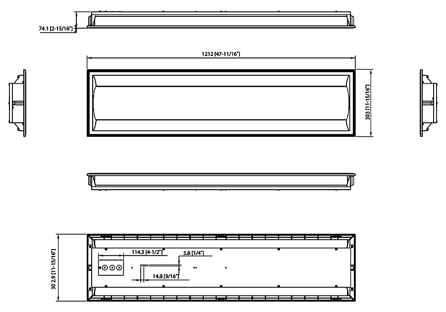 Dimension drawing of the RAB C-SWISH1X4 LED Center Basket Troffer – 1x4 – Selectable 20W/25W/30W – 3500K/4000K/5000K – 2661-4028 Lumens – 120-277V – White Finishshowing fixture dimensions and mounting measurements.